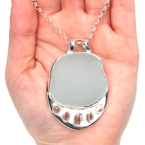 Aqua Ice Sea Glass and Herkimer Diamond Tiara Necklace on model for color reference.