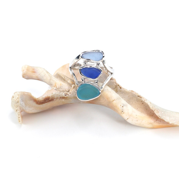 Turquoise Blue Sea Glass Three Tier Ring - Size 9
