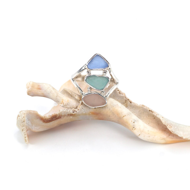 Pink Blushing Blues Sea Glass Three Tier Ring - Size 9