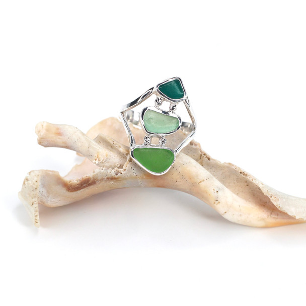 Green Ombre Sea Glass Three Tier Ring - Size 9