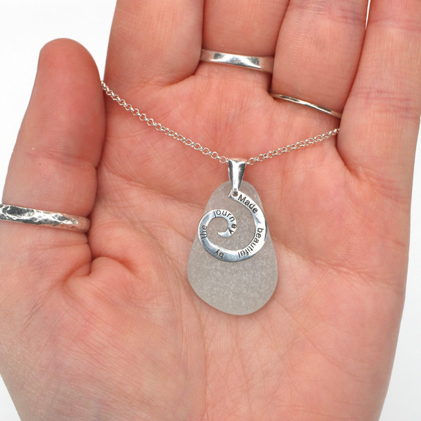 White Gray Soothing Sea Glass Journey Necklace on model for color reference.