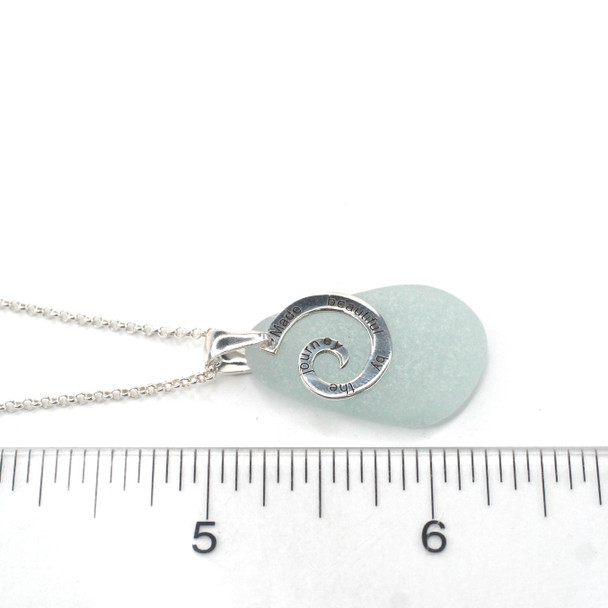 White Gray Soothing Sea Glass Journey Necklace on ruler for size reference.