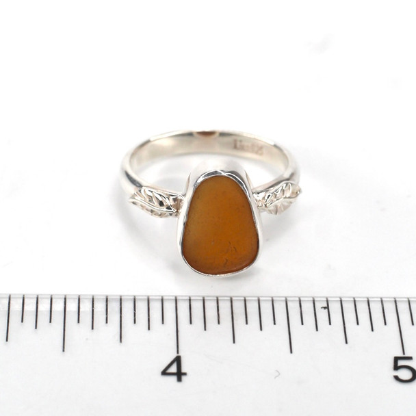 Amber Smooth Sea Glass Little Leaf Ring - Size 9 on ruler for size reference. 