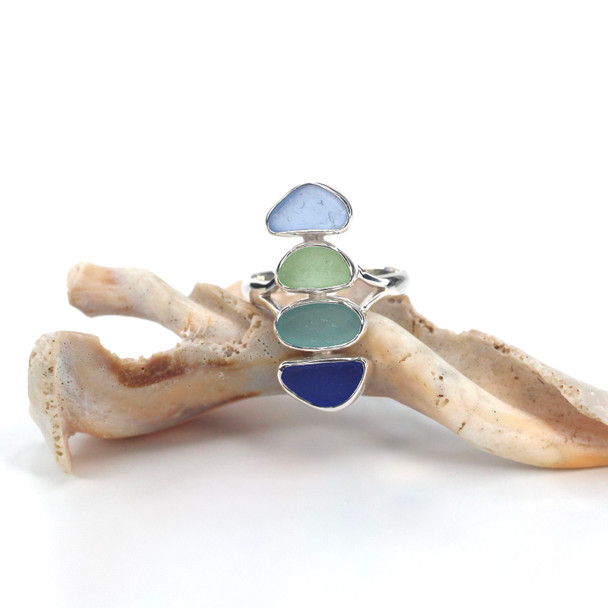 Cornflower Mist Sea Glass 4 Stone Rainbow Ring - Size 9