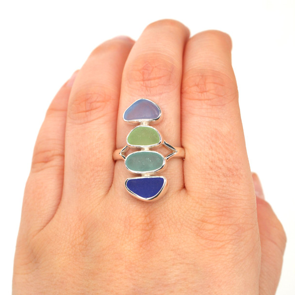 Cornflower Mist Sea Glass 4 Stone Rainbow Ring - Size 9 on model for color reference. 