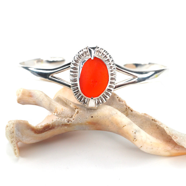 Red Orange Sea Glass Rising Sun Cuff Bracelet
