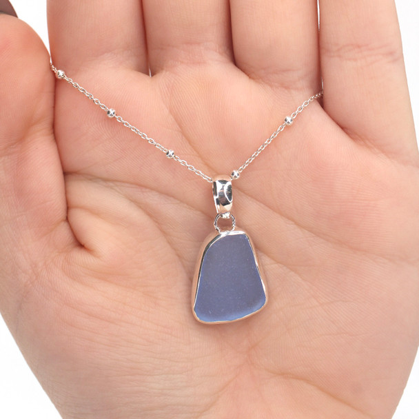 Cornflower Icy Sea Glass Bezel Necklace on model for color reference. 