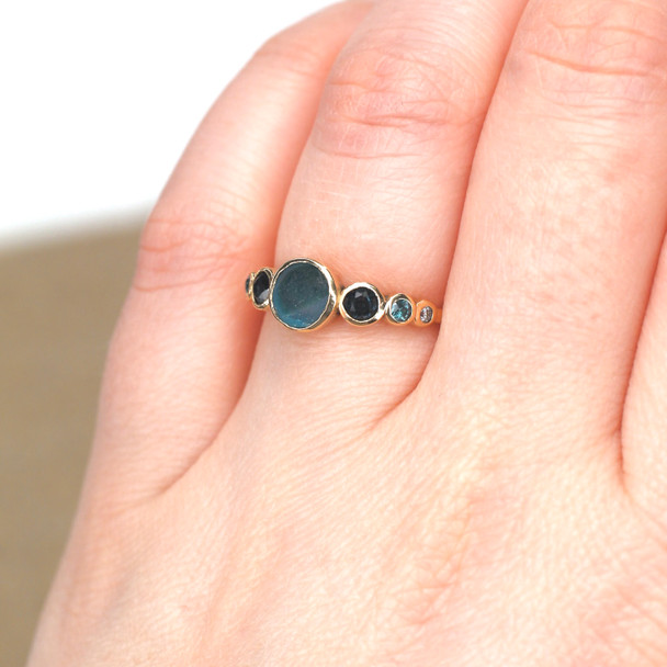 Tropical Turquoise Ultra Rare Sea Glass and Gemstone Moon Phases Ring on model