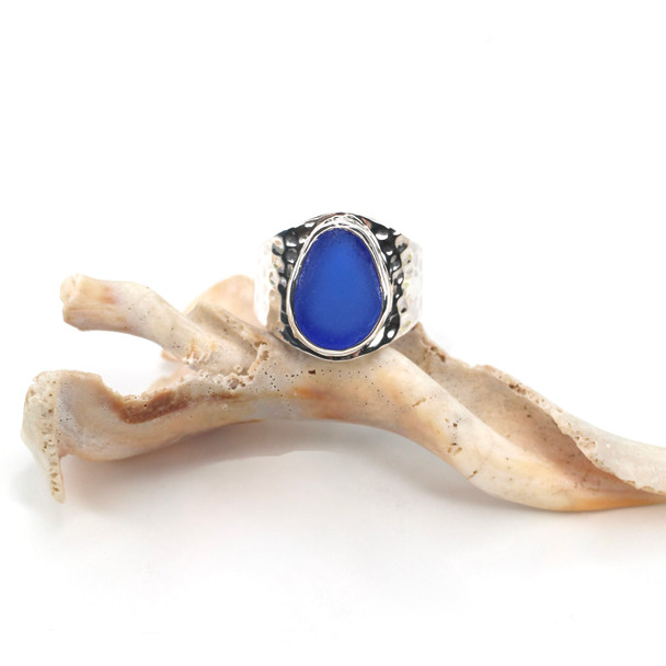 Cobalt Bright Sea Glass Goddess Ring - Size 9