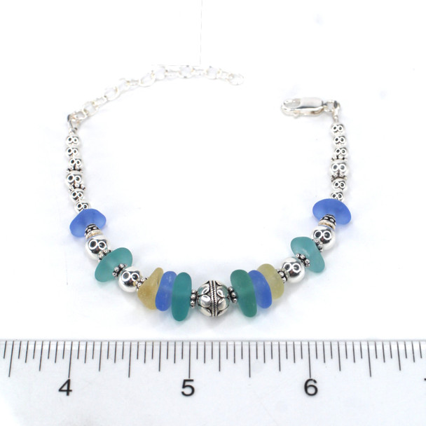 Sunrise Blues Sea Glass and Pearl Beaded Bracelet on ruler for size reference.