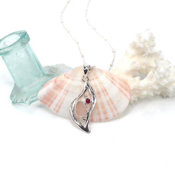Pink Sea Glass and Ruby Wavy Necklace