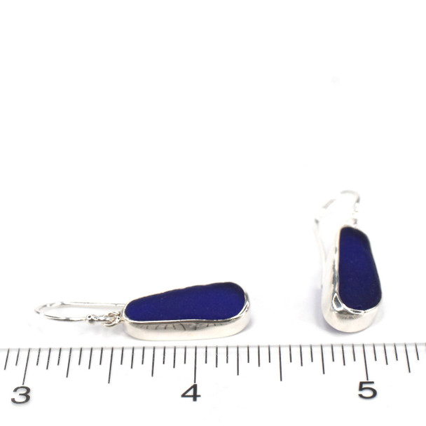 Cobalt Midnight Sea Glass Single Bezel Earrings on ruler for size reference.