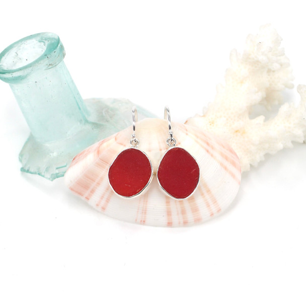 Red Rounded Sea Glass Bezel Set Earrings