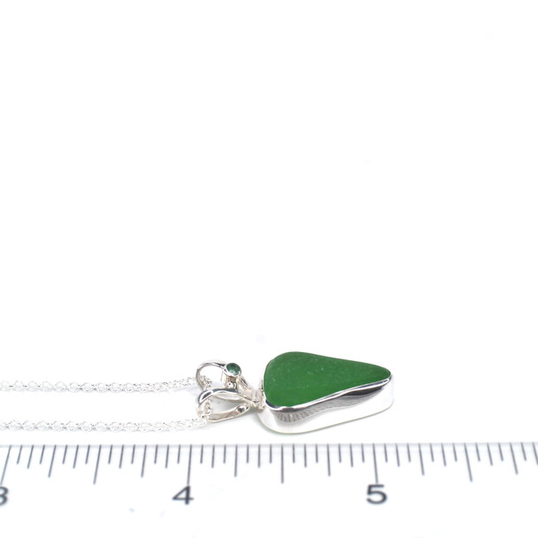 Green Bright Sea Glass and Emerald Split Bail Necklace on ruler for size reference.