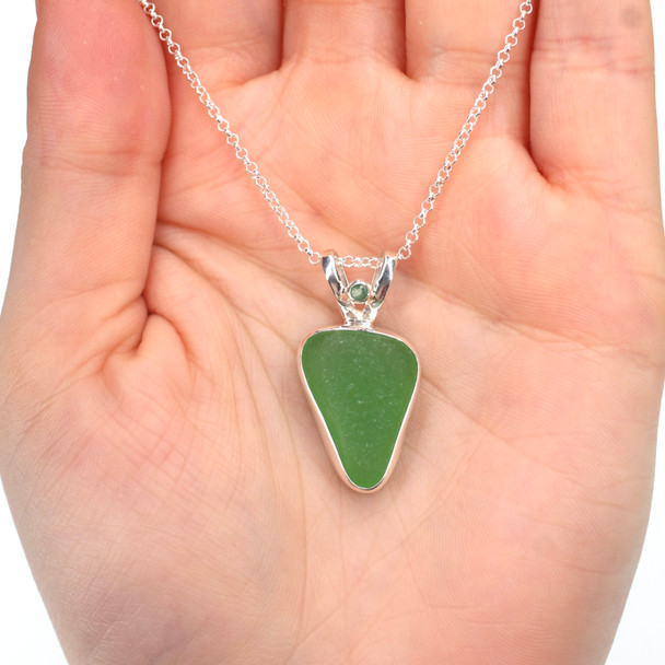 Green Bright Sea Glass and Emerald Split Bail Necklace on model for color reference.