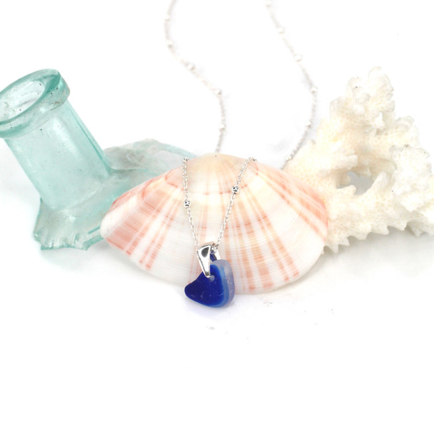 Blue Layered Ripple Ultra Rare Sea Glass Drop Necklace