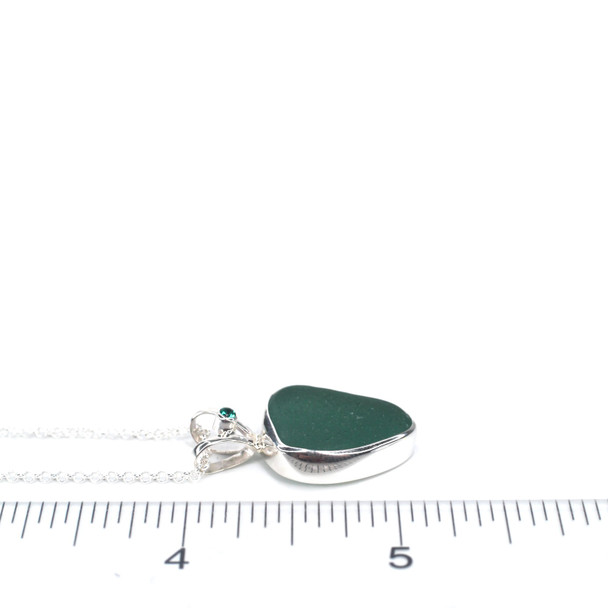 Olive Green Sea Glass and Emerald Split Bail Necklace on ruler for size reference.