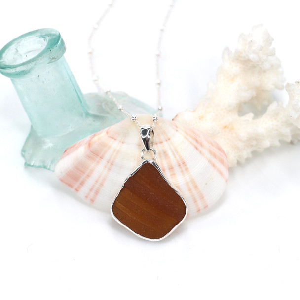 Amber Cinnamon Bottle Lip Bold Sea Glass Single Bezel Necklace