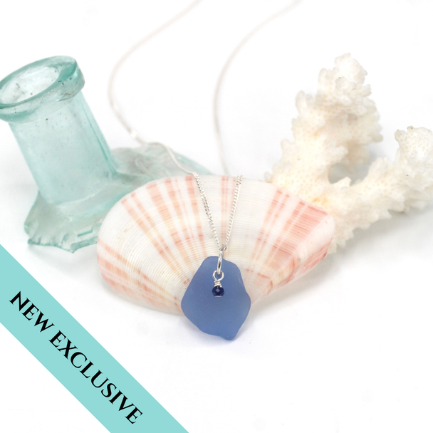 Cornflower Sea Glass and Lapis Gemstone Drop Necklace