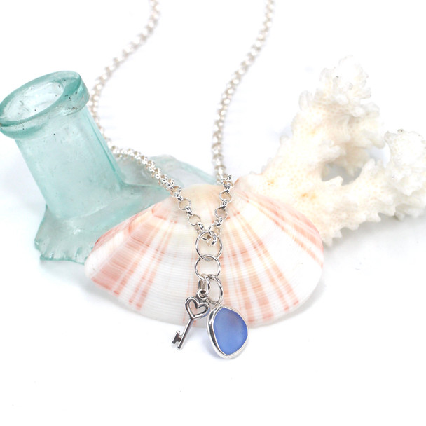 Cornflower Sea Glass and Key Charm Necklace