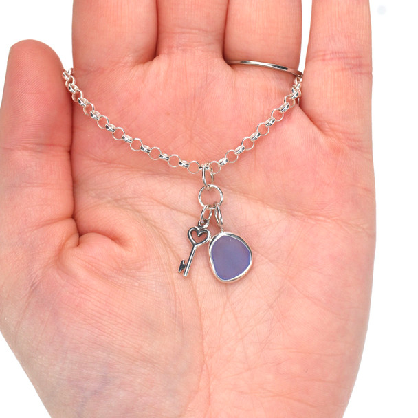Cornflower Sea Glass and Key Charm Necklace on model