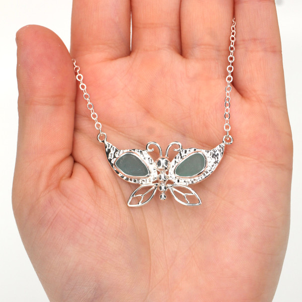 Aqua Sea Glass Butterfly Shimmer Necklace -16" Length on model for color reference.
