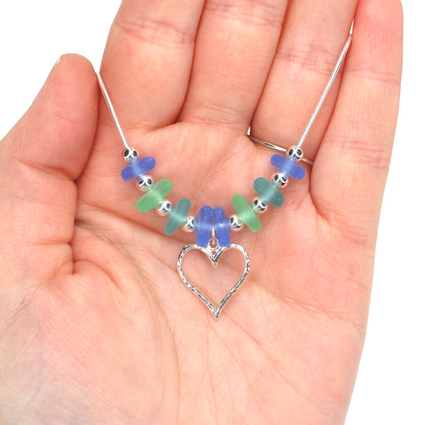 Cornflower Mist 8 Stone Sea Glass Heart Necklace - 16"-18" Length on model for color reference. 