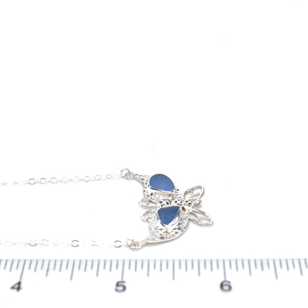 Cornflower Sea Glass Butterfly Shimmer Necklace -16" Length on ruler for size reference.