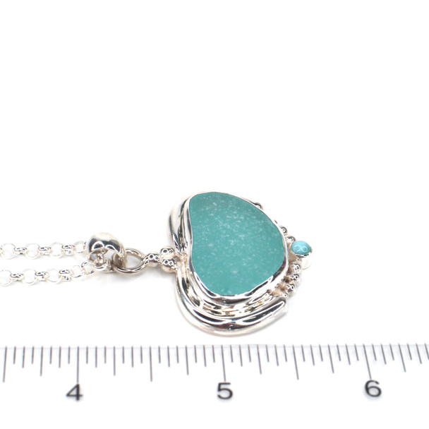 Aqua Sea Glass and Larimar Ocean Empress Necklace on ruler for size reference. 