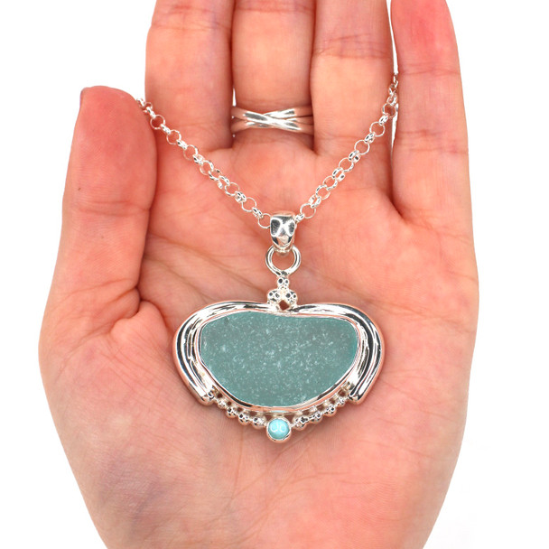 Aqua Sea Glass and Larimar Ocean Empress Necklace on model for color reference. 