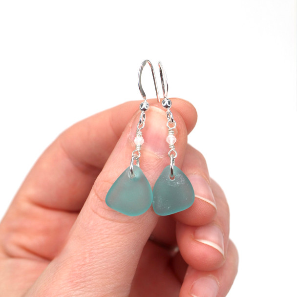 Aqua Triangle Sea Glass and Rainbow Moonstone Gemstone Drop Earrings on model for color reference.