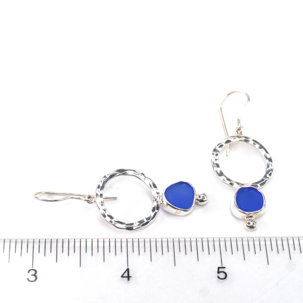 Cobalt Sea Glass Glimmer Earrings on ruler for size reference. 