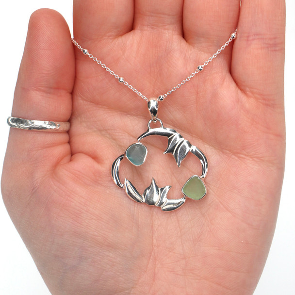 Aqua and Seafoam Sea Glass Tulip Necklace on model for color reference.