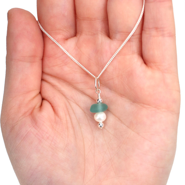 Sea Glass and Pearl Drop Charm on model for color reference. 