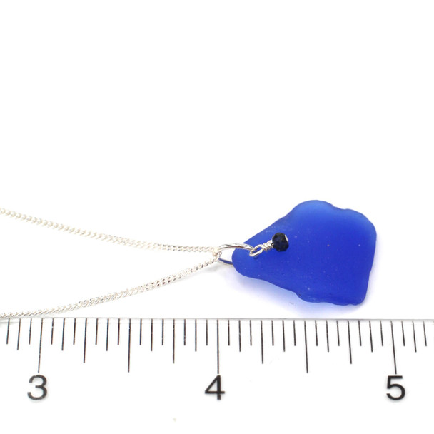 Cobalt Sea Glass and Lapis Gemstone Drop Necklace on ruler for size reference.