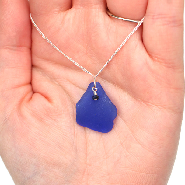 Cobalt Sea Glass and Lapis Gemstone Drop Necklace on model for color reference.