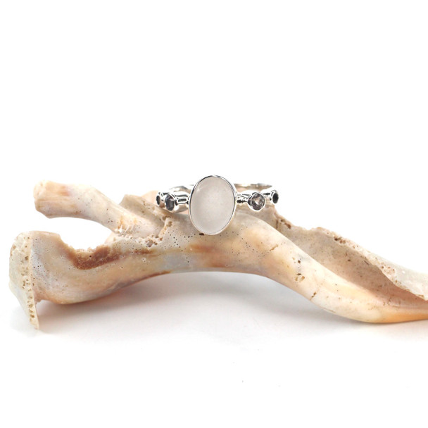 White Perfect Oval Sea Glass and Rose Quartz Ring - Size 9