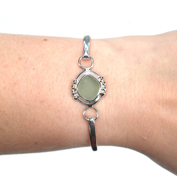Seafoam Sea Glass Trio Bead Bracelet on model