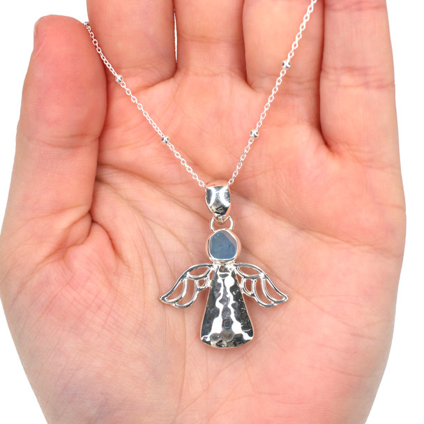 Turquoise Lagoon Spot Ultra Rare Sea Glass Angel Necklace on model for color reference. 