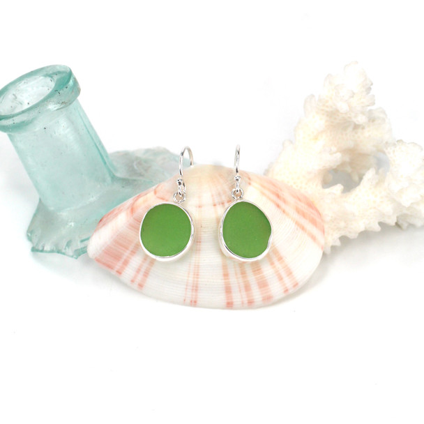 Green Round Sea Glass Single Bezel Earring