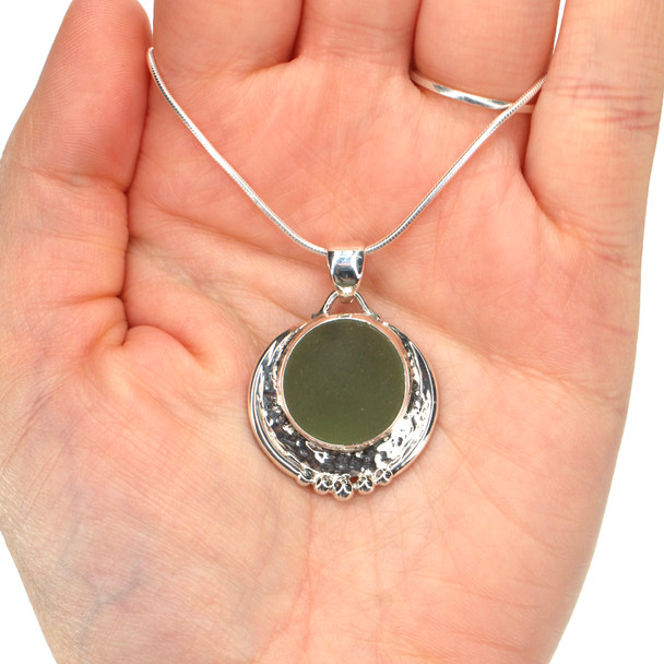 Olive Sea Glass Kickup Shield Necklace