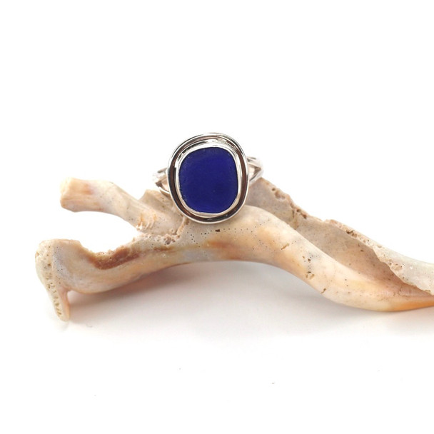 Cobalt Sea Glass Double Bezel Ring - Size 9