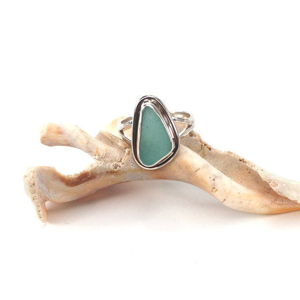 Aqua Sea Glass Double Bezel Ring - Size 9