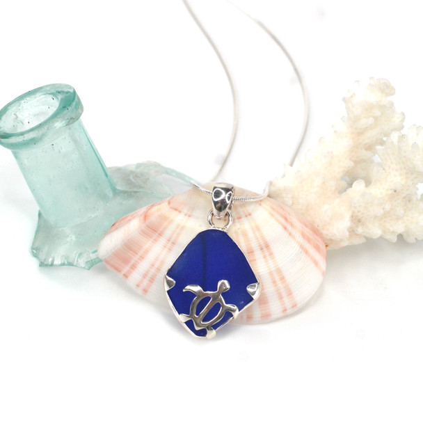 Cobalt Sea Glass Swimming Turtle Necklace