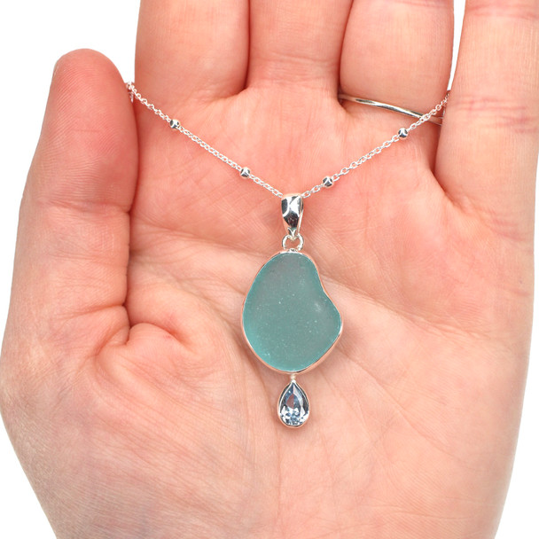Aqua Sea Glass and Aquamarine Pear Drop Necklace on model for color reference. 