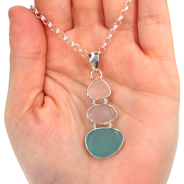 Pastel Sea Glass Three Tier Necklace on model for color reference.