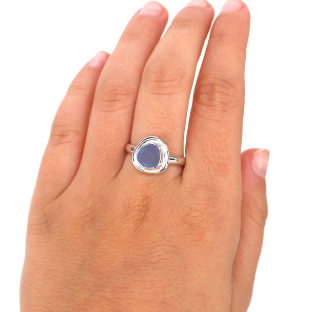 Cornflower Round Sea Glass Double Bezel Ring - Size 8
