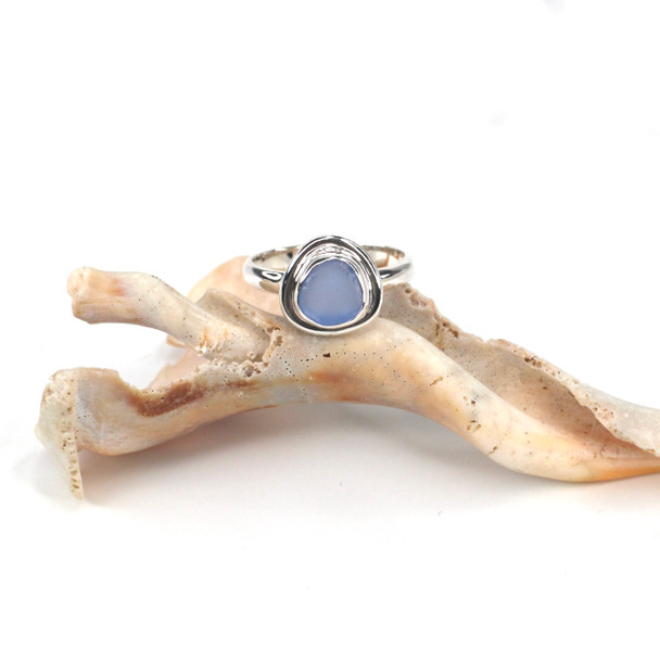 Cornflower Round Sea Glass Double Bezel Ring - Size 8