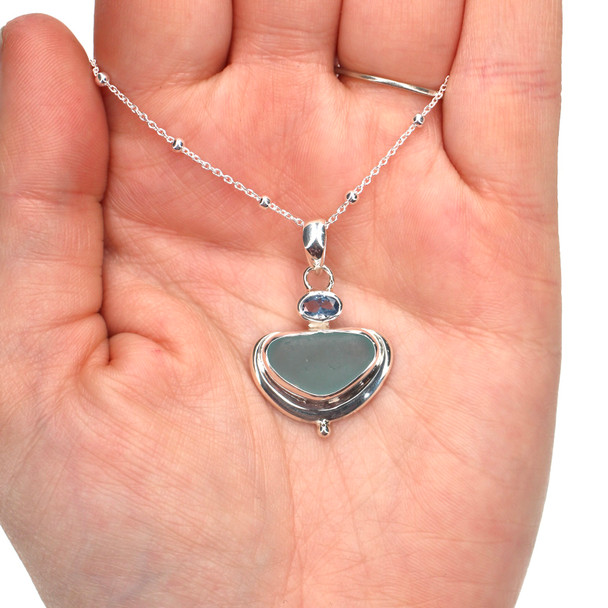 Aqua Sea Glass and Aquamarine Double Necklace on model for color reference. 