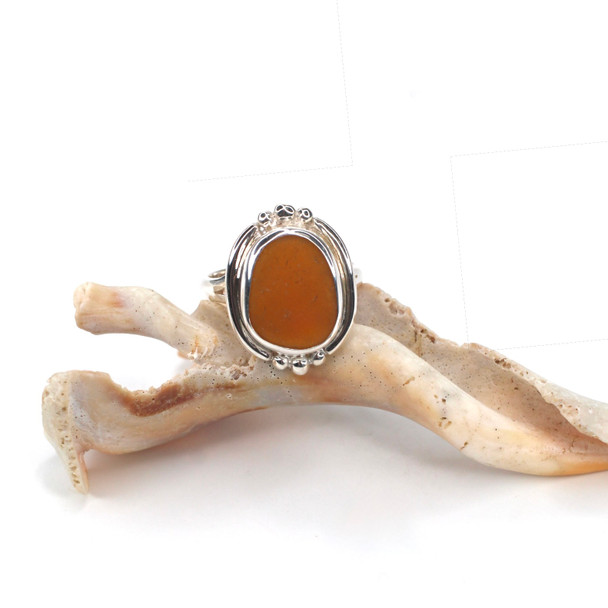 Amber Rounded Sea Glass Trio Bead Ring - Size 9